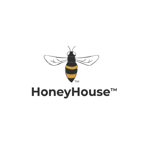 HoneyHouse logo featuring a stylized bee with black head, yellow and black striped body, and transparent wings above bold text