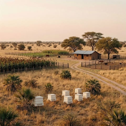 Aerial view of a rural farm with white beehives, brown barn, wooden fences, cornfield, and scattered acacia trees on dry grassland