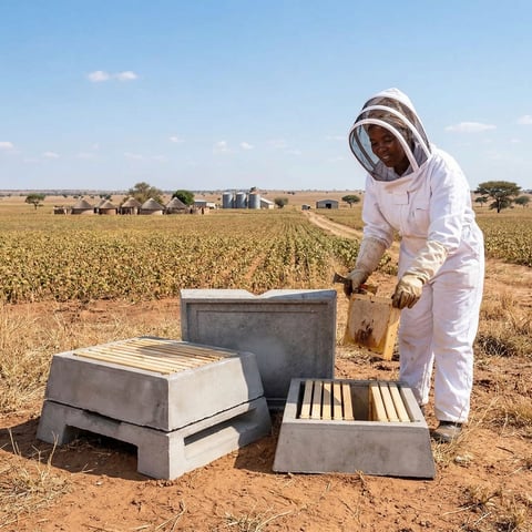 Beekeeper in white protective suit tending to beehives in an open field with farmland in the background