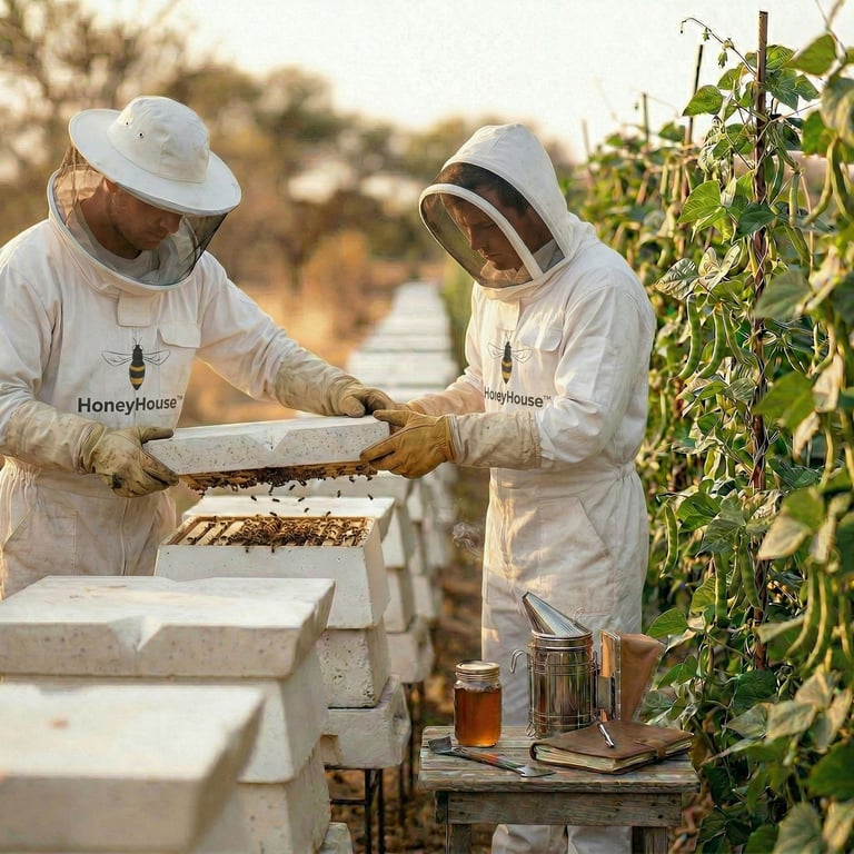 Two beekeepers in white protective suits inspecting a honeycomb frame at an outdoor apiary