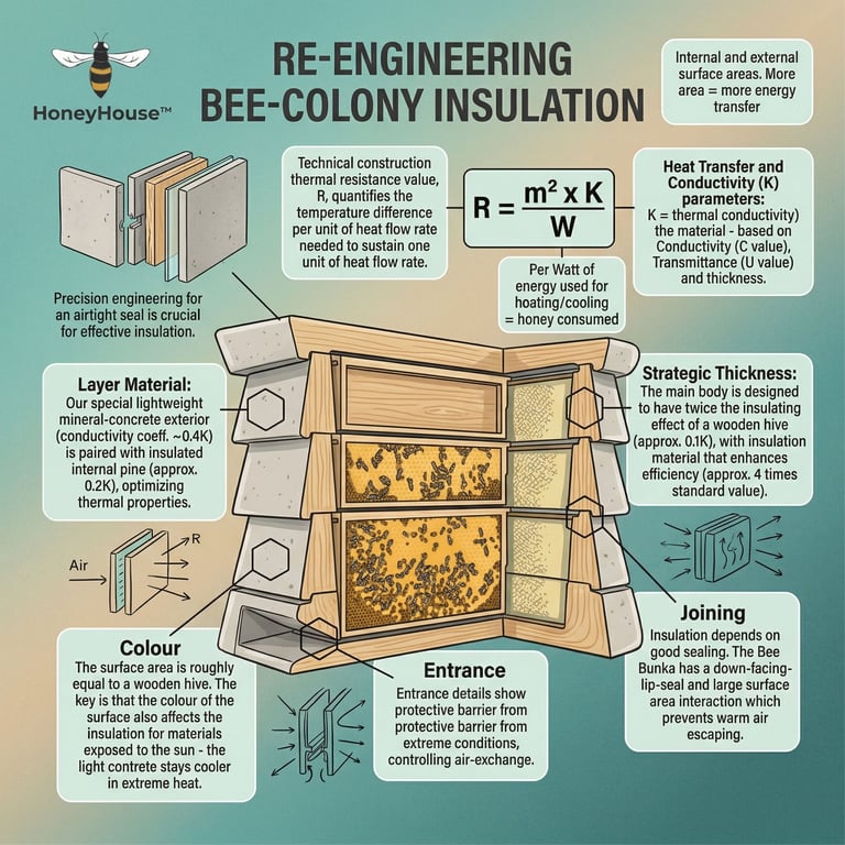 Infographic showing HoneyHouse bee-colony insulation design with cross-section diagram, technical formula, and labeled components explaining thermal resistance and heat transfer properties.