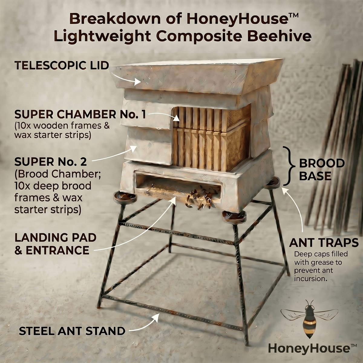 Labeled diagram of HoneyHouse lightweight composite beehive showing telescopic lid, super chambers, brood base, landing pad, steel stand, and ant traps