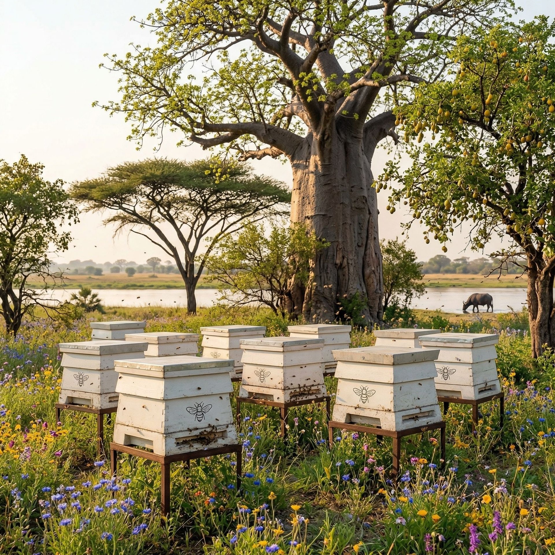 Row of white beehives in wildflower field beneath large baobab tree with river and elephant visible in background