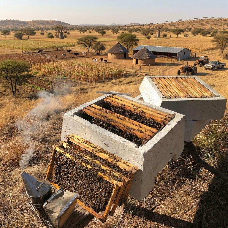 Open beehives with honeycomb frames in foreground, rural farm with buildings and cornfield in background