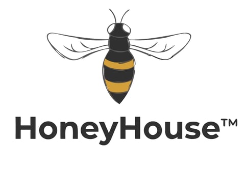 HoneyHouse logo featuring a bee illustration with yellow and black stripes and transparent wings above text