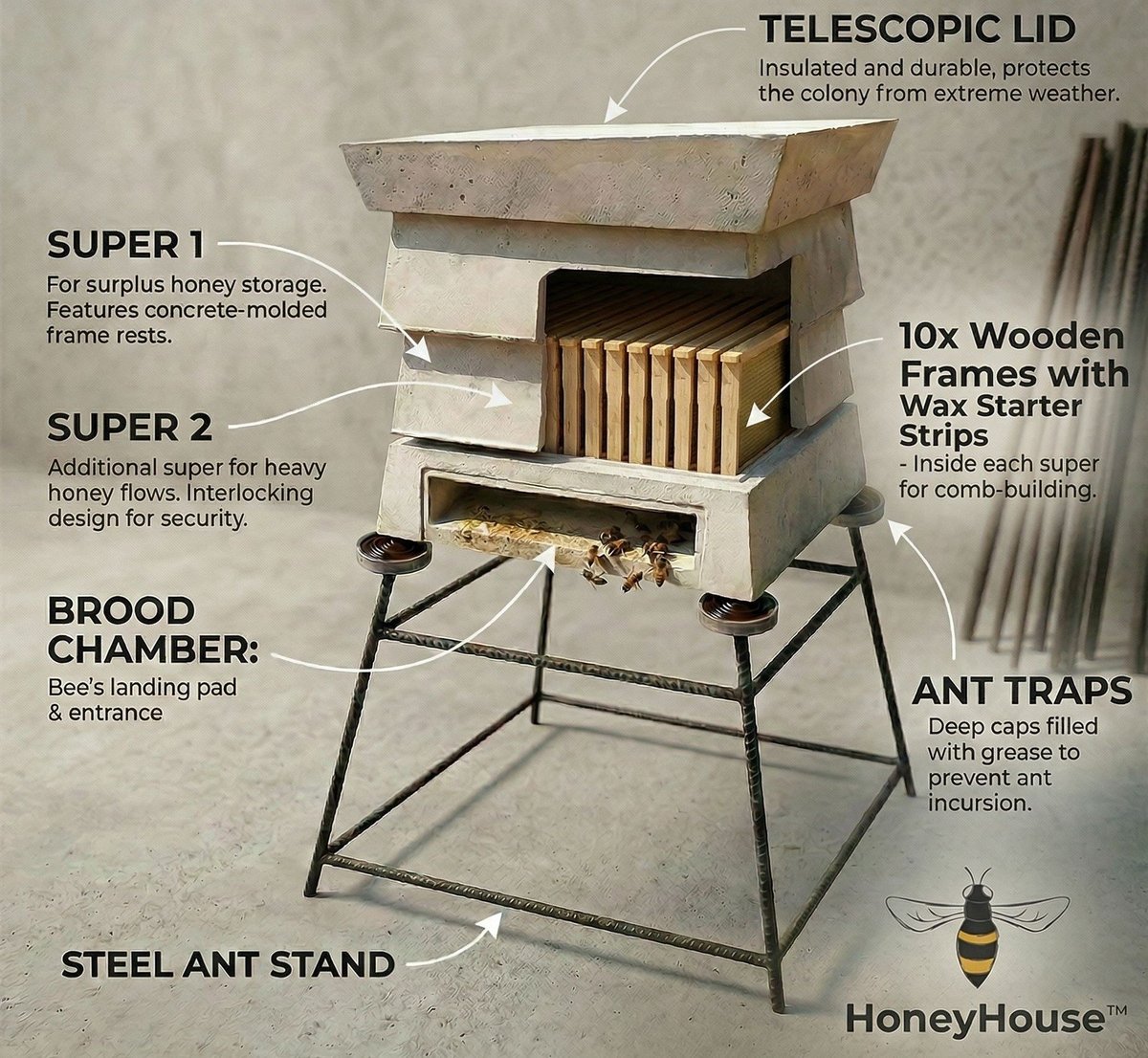 Diagram of HoneyHouse beehive with labeled components including telescopic lid, wooden frames, brood chamber, ant traps, and steel stand.