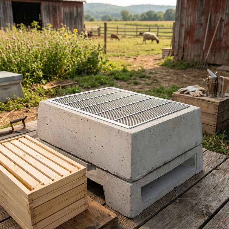 Concrete top-bar beehive with mesh cover on wooden deck near farm with grazing livestock and red barn in background