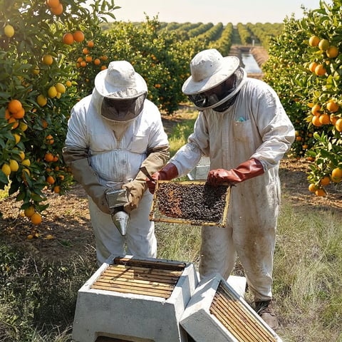 Two beekeepers in protective white suits examining honeycomb frame in an orchard with orange trees