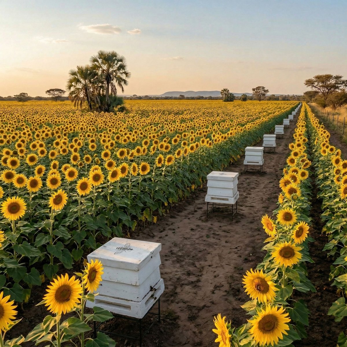 White beehives placed between rows of yellow sunflowers in a vast field at sunset
