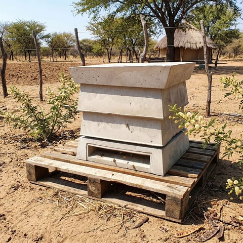 Concrete beehive on wooden pallet in rural African savanna landscape with scattered trees and thatched structures in background