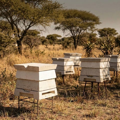 Beehives stacked in an African savanna landscape with acacia trees and dry grass under a hazy sky
